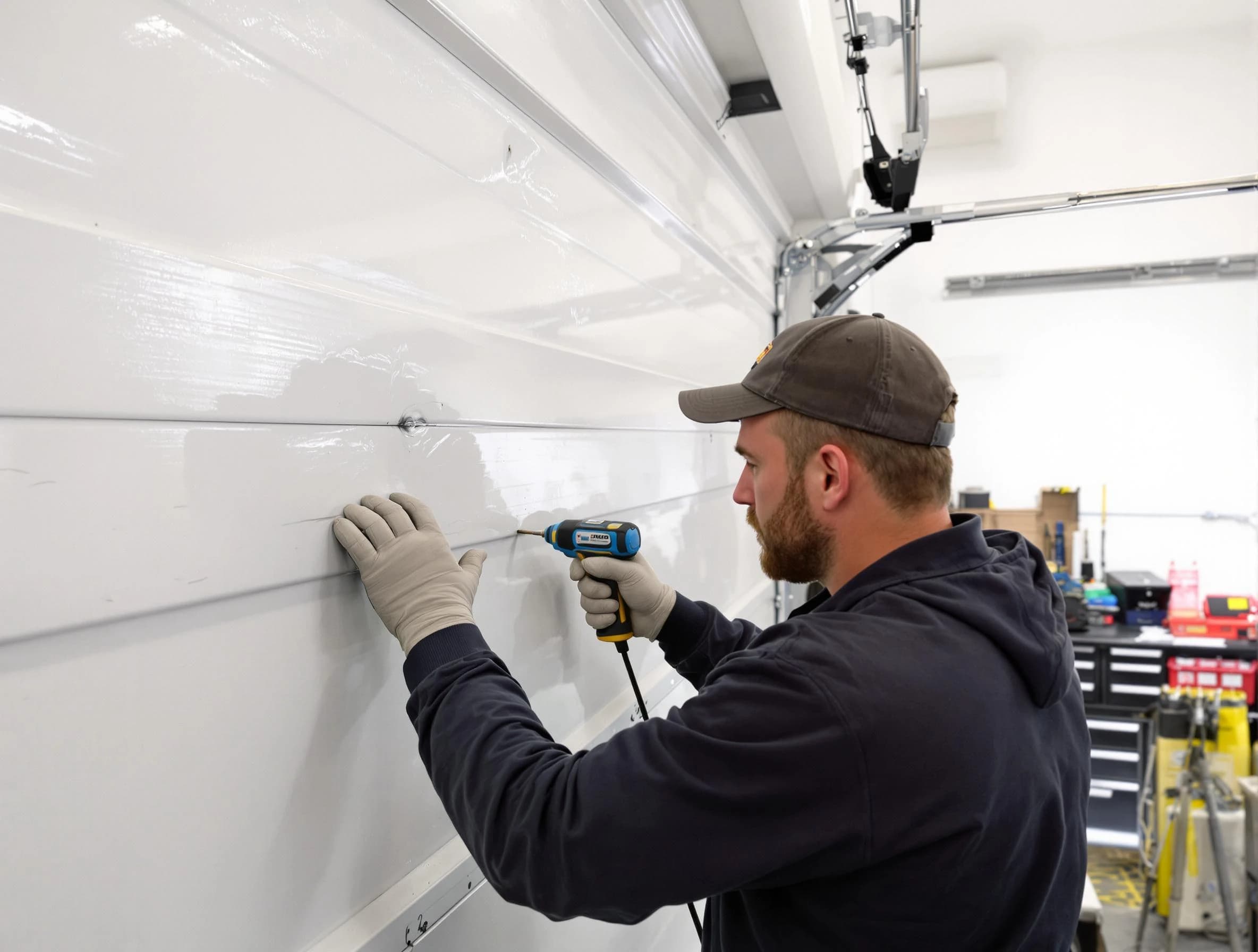 Shelbyville Garage Door Repair technician demonstrating precision dent removal techniques on a Shelbyville garage door