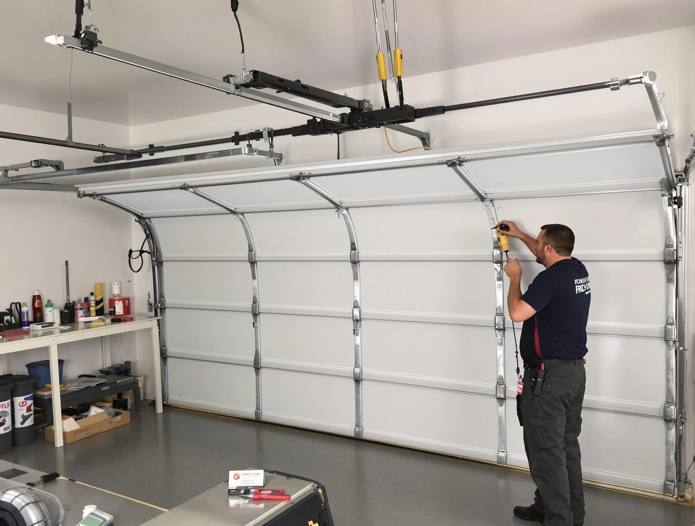 Shelbyville Garage Door Repair certified technician performing overhead door system repair in Shelbyville